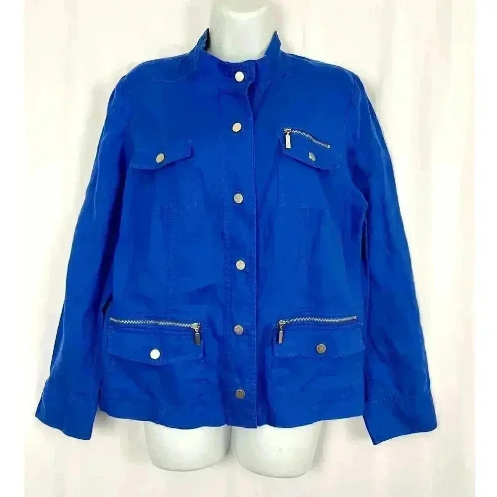 Chico’s‎ Cobalt Blue Jacket Shacket Sz 1 100% Linen Women's High Neck - Picture 8 of 16